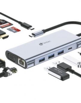 Docking USB Tipo-C Leotec LEDS01/ 3xUSB/ 2xUSB Tipo-C/ 1xUSB Tipo-C PD/ 1xHDMI 4K/ 1xVGA/ 1xRJ45/ 1xAudio/ 1xLector Tarjetas SD y MicroSD/ Gris