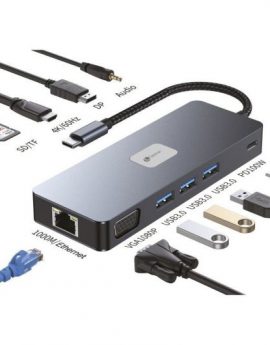 Docking USB Tipo-C Leotec LEDS03/ 3xUSB/ 1xUSB Tipo-C PD/ 1xHDMI 4K/ 1 xDisplayPort/ 1xVGA/ 1xAudio/ 1xRJ45/ 1xLector Tarjetas SD y MicroSD/ Gris