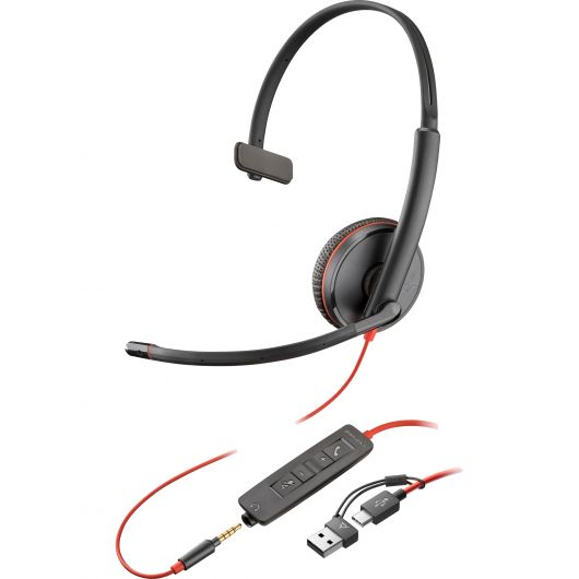 POLY Auriculares monoaurales Blackwire 3215 USB-C + Conector de 3.5 mm + Adaptador USB-C/A