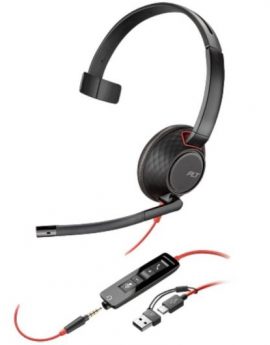 Auricular Poly Blackwire 5210 + Adaptador USB-C/A/ con Micrófono/ Jack 3.5mm/ Negro