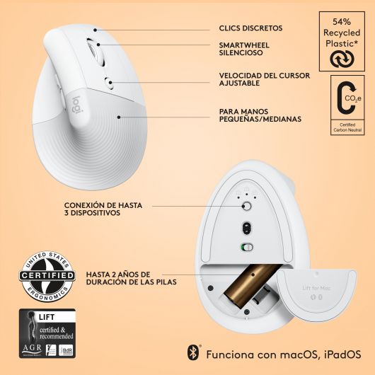 Logitech Lift for Mac Ratón mano derecha RF Wireless + Bluetooth Óptico 4000 DPI Gris pálido 6 Logitech Lift for Mac Ratón mano derecha RF Wireless + Bluetooth Óptico 4000 DPI Gris pálido