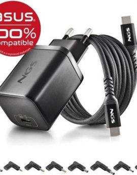 Cargador GaN de Portátil NGS BUD65W-AS para Asus/ 1xUSB Tipo-C/ 65W/ Automático/ 8 Conectores/ Voltaje 5-20V