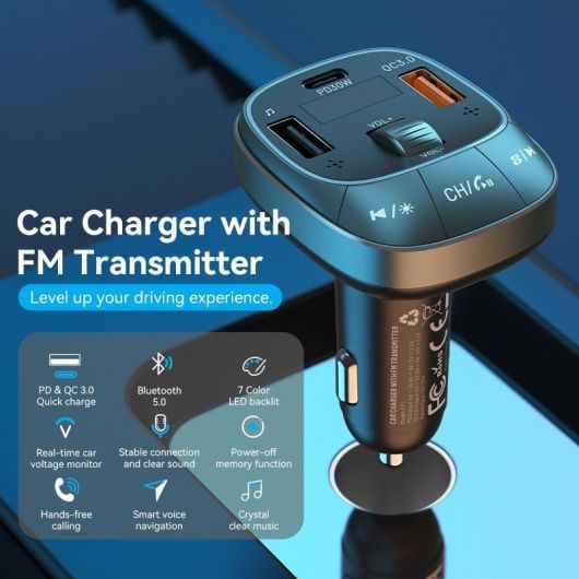 Transmisor FM/ MP3/ Bluetooth Vention FFLB0/ 1xUSB-Tipo C/ 2xUSB/ 30W