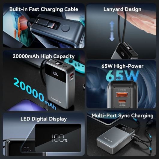 Powerbank 20000mAh Vention FHYB0/ 65W/ Gris 3 Powerbank 20000mAh Vention FHYB0/ 65W/ Gris