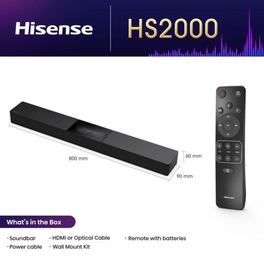 Hisense HS2000 Barra de Sonido 2 Hisense HS2000 Barra de Sonido 2.1 Dolby Digital Plus 240W Negra