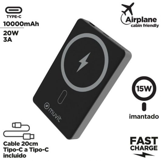Powerbank 10000mAh Muvit For Change MCCHP0010/ 20W/ Wireless/ Negra/ Incluye Cable USB Tipo-C 3 Powerbank 10000mAh Muvit For Change MCCHP0010/ 20W/ Wireless/ Negra/ Incluye Cable USB Tipo-C