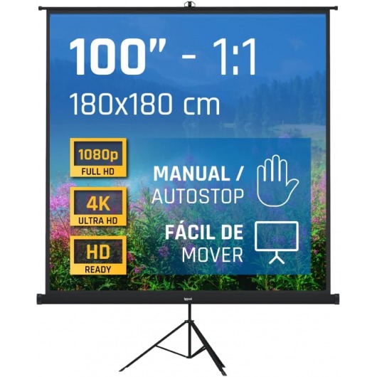 iggual Pantalla Proyección 100' Cuadrada-Portátil Manual Enrollable con Trípode- Visión 180º- Compatible 4K y Cualquier Proyector- Altura Ajustable- Bolsa Transporte y Trípode Incluido (180x180 cm) Reacondicionado