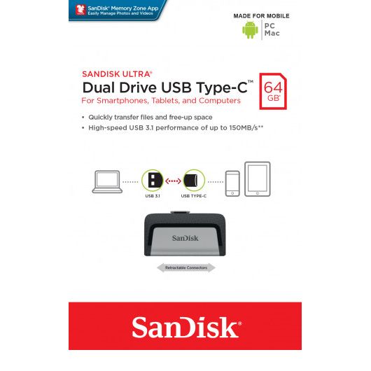 SanDisk Ultra Dual Drive USB Type-C unidad flash USB 64GB USB Type-A / USB Type-C 3.2 Gen 1 (3 SanDisk Ultra Dual Drive USB Type-C unidad flash USB 64GB USB Type-A / USB Type-C 3.2 Gen 1 (3.1 Gen 1) Negro/Plata