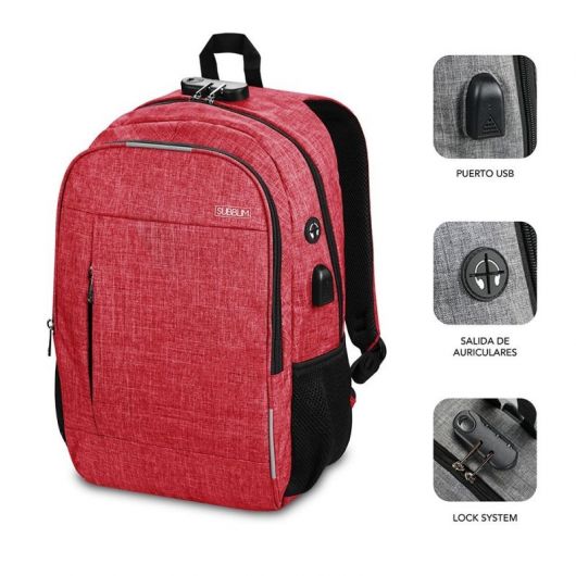 Mochila Subblim Urban Lock para Portátiles hasta 16'/ Puerto USB/ Antirrobo/ Rojo 3 Mochila Subblim Urban Lock para Portátiles hasta 16'/ Puerto USB/ Antirrobo/ Rojo