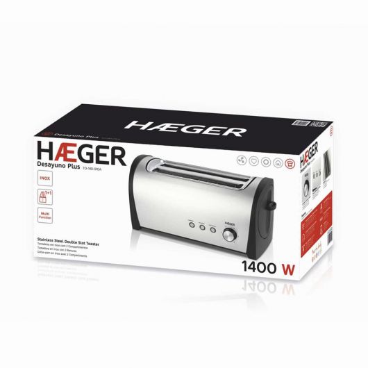 Haeger Desayuno Plus Tostadora 2 ranuras largas 1400W Negro/Acero inoxidable 2 Haeger Desayuno Plus Tostadora 2 ranuras largas 1400W Negro/Acero inoxidable