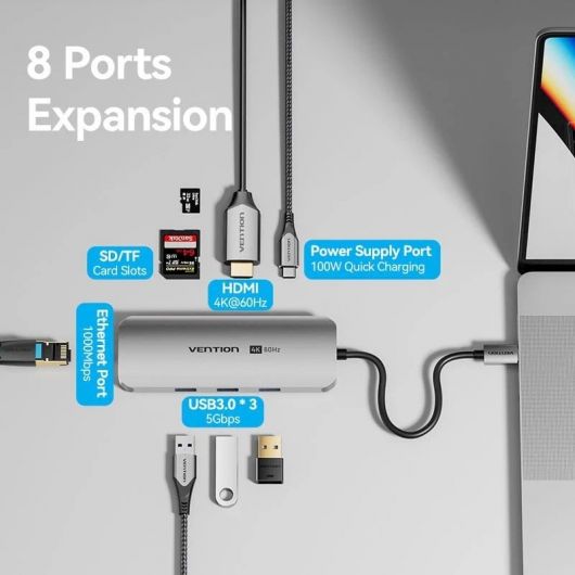 Docking USB Tipo-C Vention TQKHB/ 1xHDMI 4K/ 3xUSB/ 1xUSB Tipo-C PD/ 1xRJ45/ 1xLector de Tarjetas/ Gris 3 Docking USB Tipo-C Vention TQKHB/ 1xHDMI 4K/ 3xUSB/ 1xUSB Tipo-C PD/ 1xRJ45/ 1xLector de Tarjetas/ Gris
