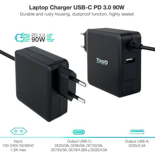 Cargador de Portátil TooQ TQLC-USBC90PD USB-C/ 90W/ Automático/ Voltaje 5-20V/ 1 USB 2 Cargador de Portátil TooQ TQLC-USBC90PD USB-C/ 90W/ Automático/ Voltaje 5-20V/ 1 USB