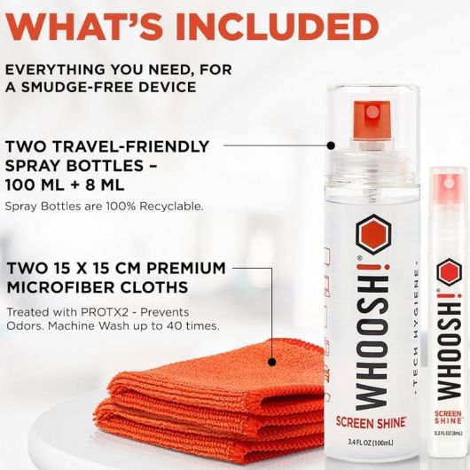 Kit Limpiador de Pantallas Whoosh Kit DUO WSH004/ Spray 100ml + Spray 8ml + 2 Paños Microfibra 4 Kit Limpiador de Pantallas Whoosh Kit DUO WSH004/ Spray 100ml + Spray 8ml + 2 Paños Microfibra