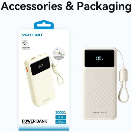 Powerbank 20000mAh Vention XGYW0-40-TY/ 22 Powerbank 20000mAh Vention XGYW0-40-TY/ 22.5W/ Blanca/ Incluye Cable USB Tipo-C
